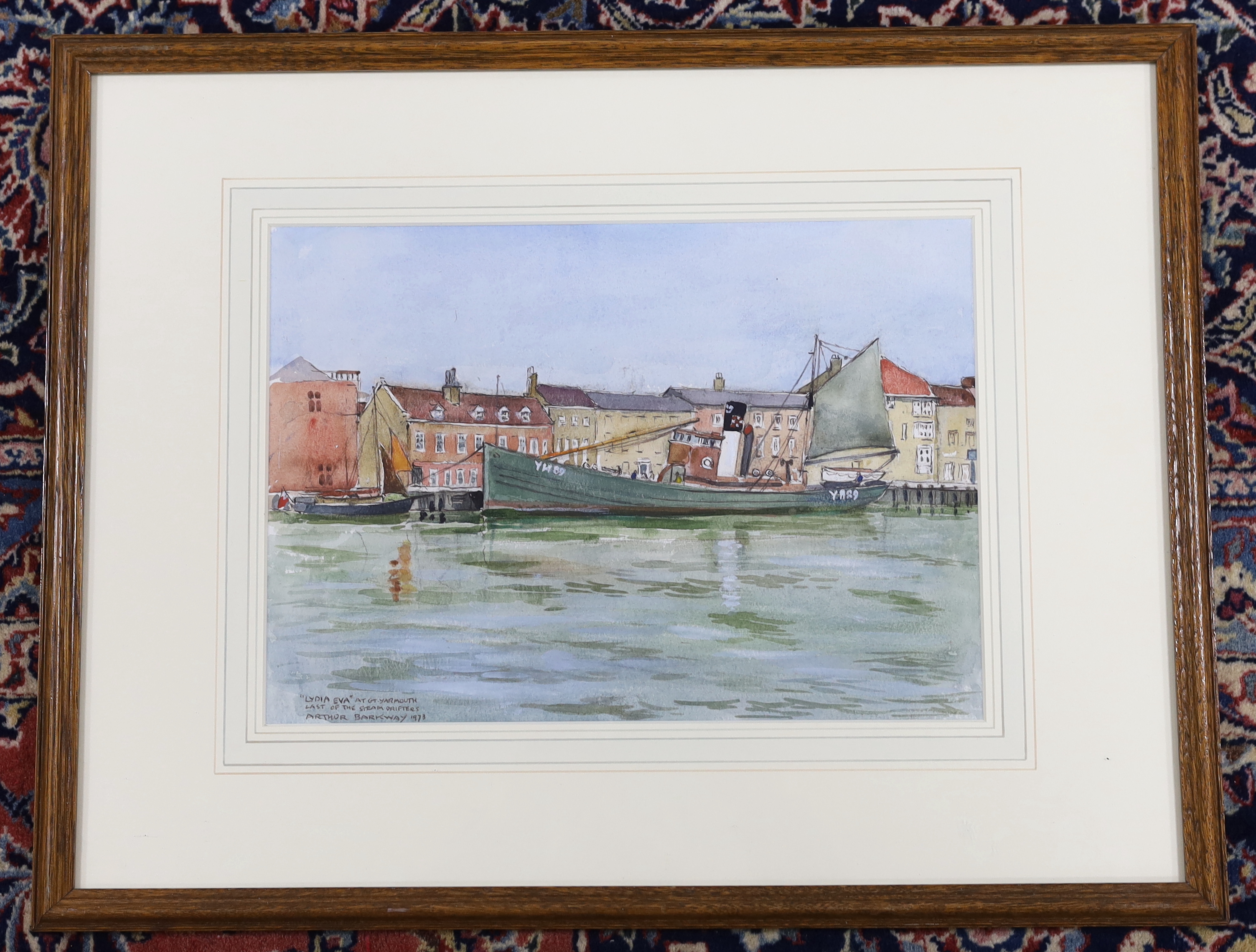 Arthur Barkway (act. 1964-1970), watercolour The Great Yarmouth steam drifter Lydia Eva YH89, the last working steam drifter, inscribed, signed and dated 1973, 24 x 34cm